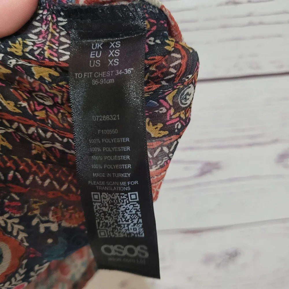 ASOS Multicolor Boho Patchwork Prairie Print V-Neck Blouse‎ Womans Size XS